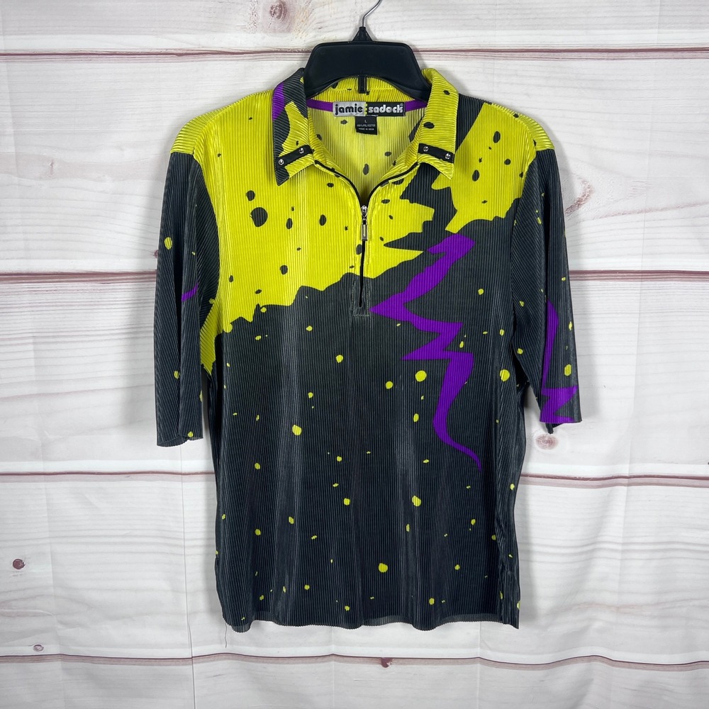 Jamie Sadock Top Womens Large Black Yellow Abstract Print 1/4 Zip Pleated Golf